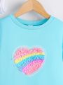 SHEIN Kids Nujoom Girls' Colorful Heart-shaped Patch Plush Round Neck Sweatshirt, Spring