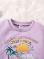 SHEIN Kids SUNSHNE Little Girls' Casual Vacation Style Slogan & Palm Tree Printed Round Neck Long Sleeve Sweatshirt For Autumn