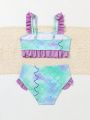 Toddler Girls' Fish Scale Pattern Printed Bikini Swimsuit With Ruffle Trim Decoration