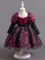 Little Girl's Star Print Puff Sleeve Puffy Party Dress