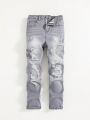 SHEIN Boys' Casual Mid Rise Slim Fit Distressed Denim Pants With Irregular Cutting