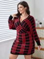 SHEIN Privé Plus Plaid Pattern Surplice Neck Batwing Sleeve Sweater Dress