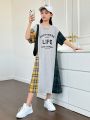 SHEIN Kids SUNSHNE Tween Girls' Knitted Color Block Plaid Patchwork Letter Print Loose Fit Casual Dress With Round Neckline