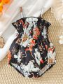 Fashionable Baby Girls' Floral Printed Bodysuit With Straps For Summer