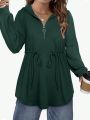 Women's Plus Size Drawstring Waist Half Zipper Hooded T-Shirt