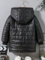 SHEIN Kids EVRYDAY Young Boy Letter Patched Detail Teddy Lined Hooded Thermal Lined Zipper Hooded Puffer Coat