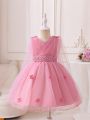 Pink Floral Mesh Young Girls' Princess Dress For Birthday Party, Wedding, Festival And Performance