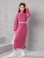 SHEIN Tween Girls' Loose Round Neck Sweater Dress With Side Slit & Drop Shoulder Design