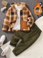 Young Boy Plaid Print Zip Up Hooded Jacket & Pants Without Sweater