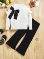 SHEIN Toddler Girls' Cute Loose Fit Round Neck Long Sleeve Sweater And Knitted Pants Set