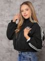 Teen Girl Letter Patched Striped Side Puffer Coat