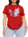 Large Size Butterfly Flower Print Women's T-shirt