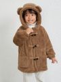 SHEIN Kids QTFun Toddler Boys' Comfortable Horn Button Plush Hooded Jacket For Casual Wear
