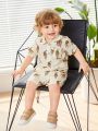SHEIN Baby Boys' Cartoon Animal Pattern Half Placket Polo Short Sleeve Top And Casual Shorts 2pcs Set