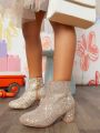 Girls Rhinestone Decor Side Zipper Chunky Heeled Boots