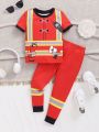 SHEIN 2pcs/Set Young Boy's Casual And Comfortable Firefighter Pattern Short Sleeve T-Shirt And Tight Pants Homewear, Suitable For Spring And Summer