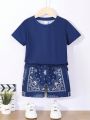 SHEIN Kids SUNSHNE Toddler Boys' Casual Comfortable Printed Short Sleeve Top And Shorts Set