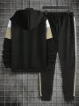 Men's Color Block Letter Print Hooded Sweatshirt And Sweatpants Set With Drawstring