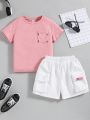 SHEIN Kids EVRYDAY Young Boy Casual Drop Shoulder Round Neck T-Shirt And Shorts Set