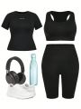 Yoga Basic Plus Size Women's Letter Printed Sports Bra, Short Sleeve Tee And Shorts Set