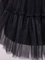 Girls' Sleeveless Round Collar Sparkly Black Tulle Dress With Layered Skirt For Formal Occasions