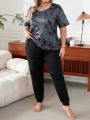 Plus Size Tie Dye Short Sleeve Top And Solid Color Pants Home Wear Set