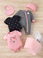 SHEIN 6pcs Newborn Baby Boys' & Girls' Printed Polka Dot & Floral Short Sleeve Gift Set For Daily Wear ,Spring & Autumn Collection
