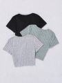 SHEIN 3pcs Teen Girls' Knitted Fleece Rib Raglan Short Sleeve Tight T-Shirt With Square Neckline Set