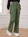 Teen Girl'S Vintage Street Style Multi-Pocket Loose, Comfortable, Washed Green Cargo Denim Pants