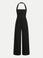 SHEIN Teen Girls' Knitted Solid Color Halter Neckline Jumpsuit With Pleated Texture Chest Design