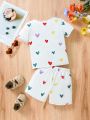 Baby Girl 2pcs/Set Heart Pattern Short Sleeve T-Shirt And Shorts, Cute Daily Casual Outfits For Spring/Summer