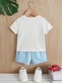 SHEIN Fashionable Baby Boy's Car Pattern Top And Solid Color Shorts
