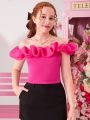 SHEIN Teen Girls' Knitted Spliced Off Shoulder Layered Ruffle Hem Casual T-Shirt