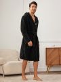 Men's Plush Hooded Bathrobe With Teddy Bear Embroidery, Suitable For Home Wear/Sleep Wear