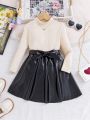 Young Girl Two Tone Belted PU Leather Combo Dress
