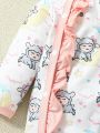 SHEIN Baby Girls' Cartoon Printed Ruffle Hem Pajamas Set