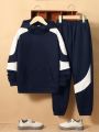 SHEIN Tween Boys' Casual Color Block Hooded Sweatshirt And Pants Two Piece Set