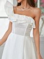 SHEIN Belle One-Shoulder Ruffled Edge Wedding Dress With Back Tie