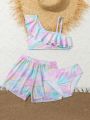Full Printed Bikini Set With Ruffles Trim Decoration And Swimwear Shorts