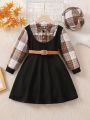 SHEIN Kids Academe Toddler Girls' Brown Plaid Patchwork Belted Fake Two Piece Dress