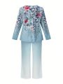 Plus Size Women'S Floral Printed Long Sleeve Top And Pants Set