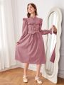 SHEIN Female Teenagers Woven Solid Corduroy Ruffle Sleeve Casual Dress With Belt