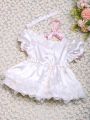Baby Girl Contrast Lace Ruffle Trim Dress & Headband Photo Outfit