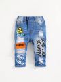 SHEIN Baby Boy's Elastic Waist Distressed Soft & Cozy Cute Expression & Letter Printed Casual & Fashionable Jeans