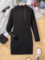 SHEIN Kids Y2Kool Girls' Daily Black Sweet And Cool Knitted Small Stand-up Collar Long-sleeved Dress