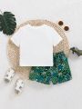 SHEIN Baby Boy Casual Cute Cartoon Animal & Letter Print Short Sleeve T-Shirt Tropical Print Shorts Set