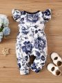 Baby Girls' Round Neck Floral Printed Jumpsuit With Flutter Sleeves, Vacation Style, Spring And Summer