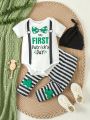 Baby Boy Letter Printed Short Sleeve Romper And Striped Pants Set