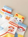 5pairs Girls' Cartoon Monkey Mid-calf Socks, Suitable For Daily Wear In All Seasons