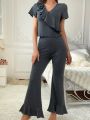 Ruffle Trim Short Sleeve Top And Flared Pants Home Wear Set